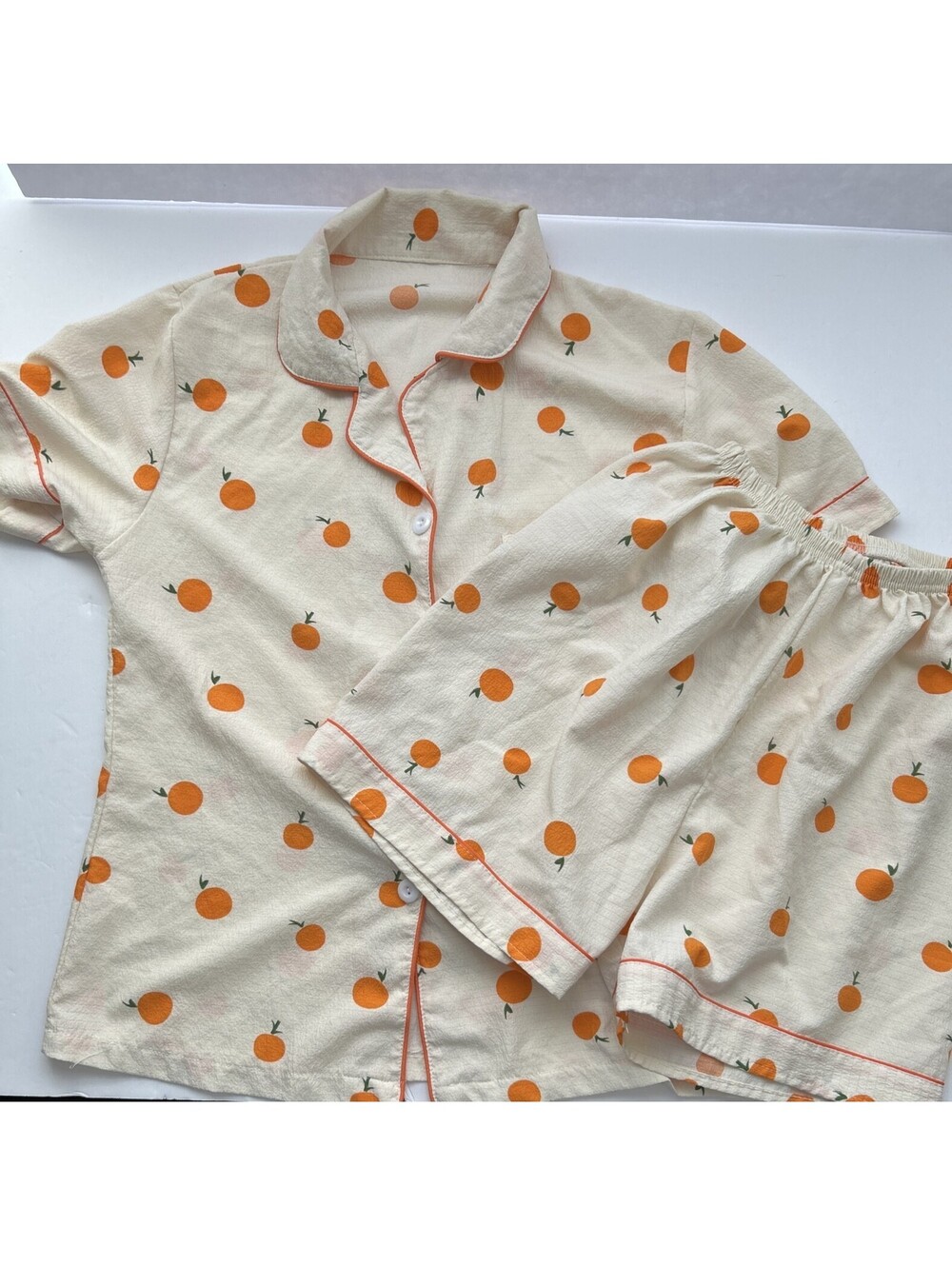 Two Piece Pajama Set S -Button Up Top & Shorts Cream Color w/ Orange Fruit Print